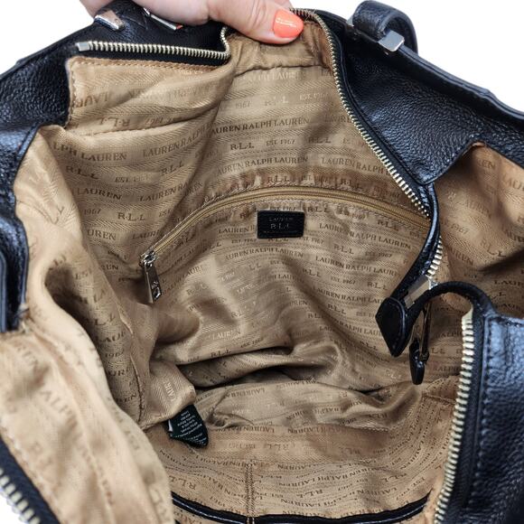 Ralph Lauren Purse Black Shoulder Bucket Large 100% Leather Silver Top Handle - Picture 5 of 15